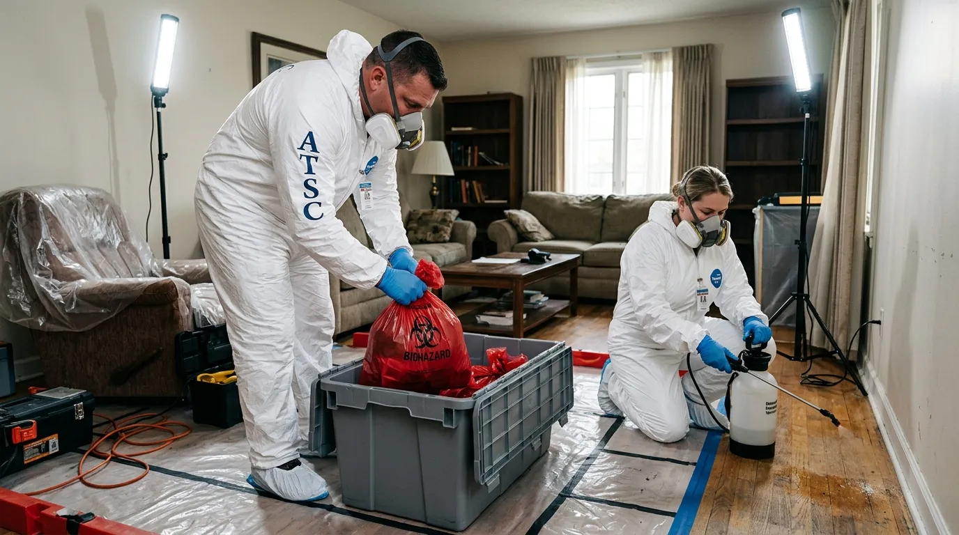 Professional Biohazard Cleanup technician in full PPE working in Upper Montclair